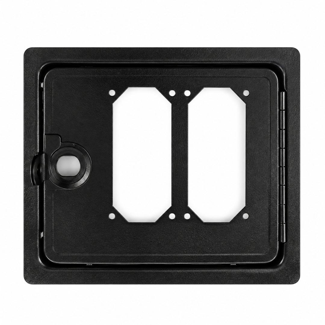 Black dual coin acceptor door with two mounting cutouts, shown without coin mechanisms or lock installed for a DIY arcade cabinet.