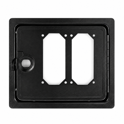 Black dual coin acceptor door with two mounting cutouts, shown without coin mechanisms or lock installed for a DIY arcade cabinet.