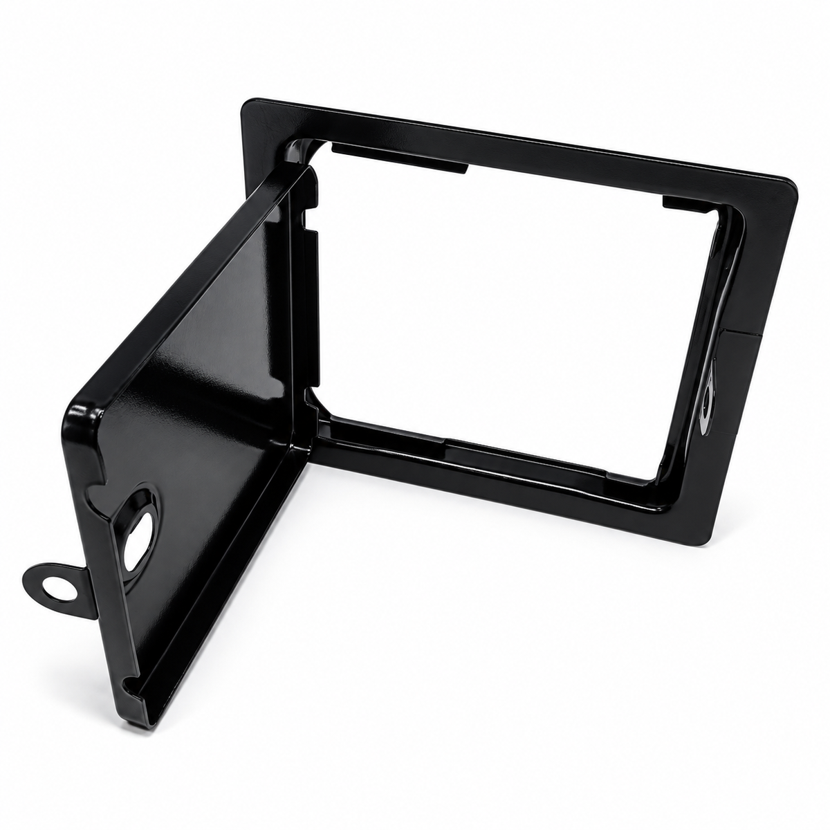 Black steel arcade coin door shown open, highlighting the hinged access panel and inner frame for a DIY arcade cabinet.