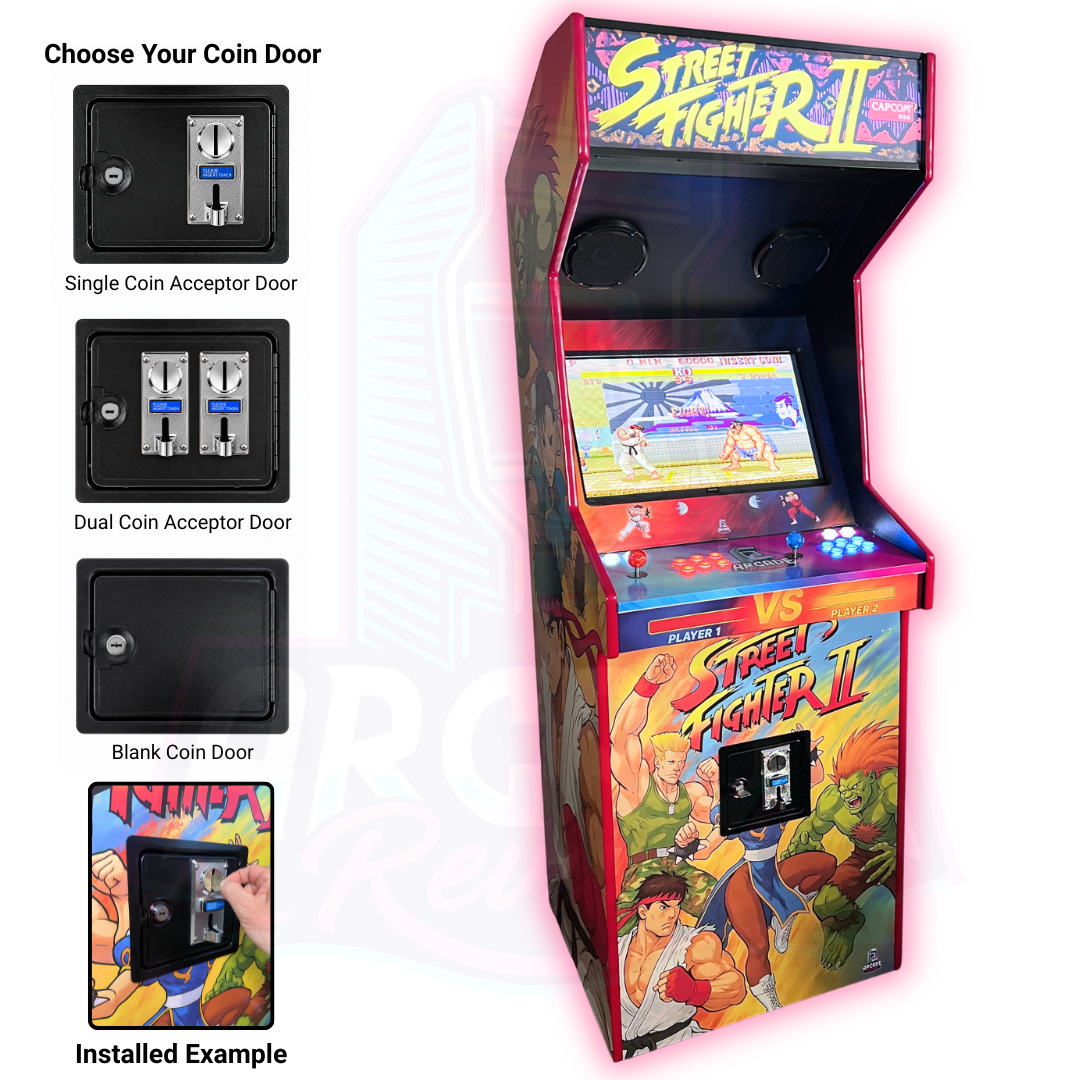 Arcade coin door options showing single coin acceptor, dual coin acceptor and blank coin door with an installed example on a finished arcade cabinet.