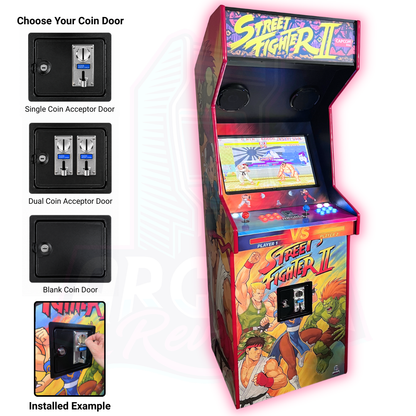 Arcade coin door options showing single coin acceptor, dual coin acceptor and blank coin door with an installed example on a finished arcade cabinet.