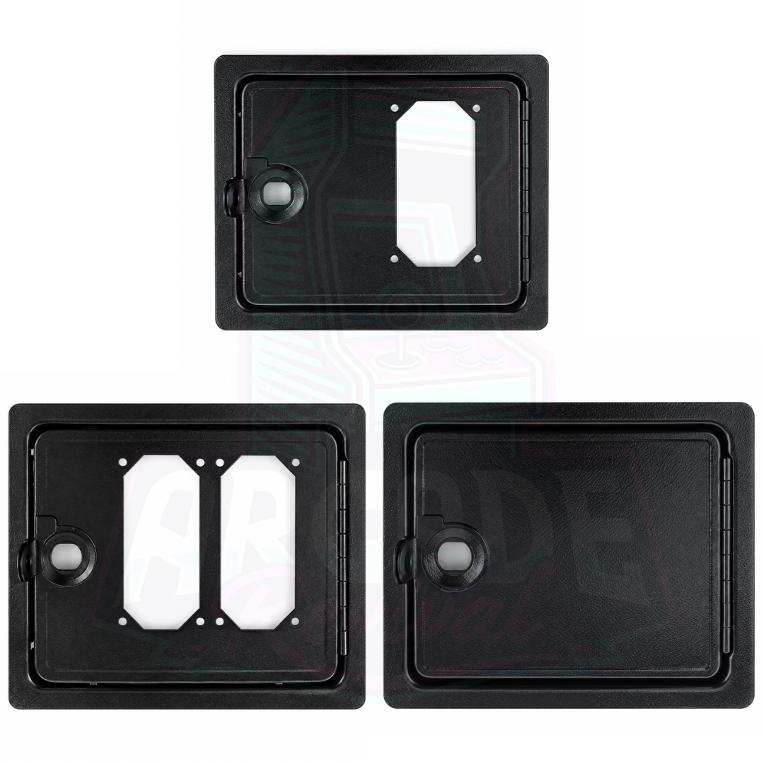 Main product image showing three arcade coin door options: single coin acceptor door, dual coin acceptor door and blank coin door.