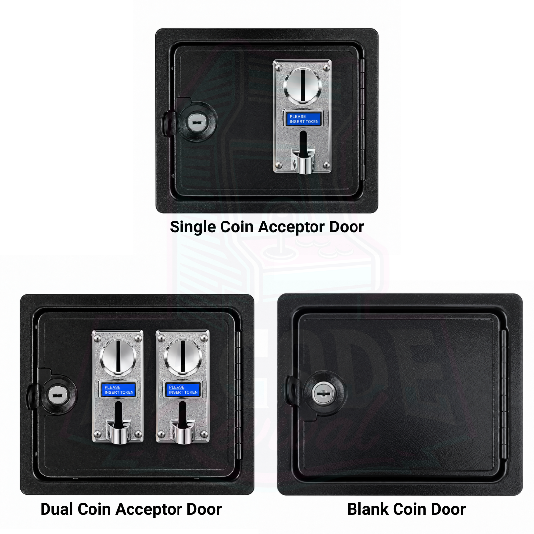 Comparison image showing three arcade coin door options: single coin acceptor door, dual coin acceptor door, and blank coin door.