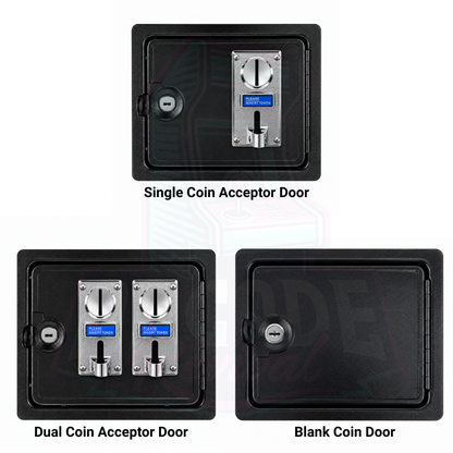 Comparison image showing three arcade coin door options: single coin acceptor door, dual coin acceptor door, and blank coin door.