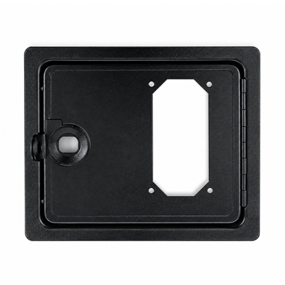 Black single coin acceptor door with one mounting cutout, shown without coin mechanism or lock installed for a DIY arcade cabinet.