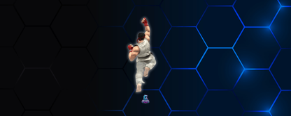 Arcade Champion arcade control panel artwork featuring blue hex grid and iconic fighter uppercut pose for retro arcade builds