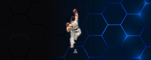 Arcade Champion arcade control panel artwork featuring blue hex grid and iconic fighter uppercut pose for retro arcade builds