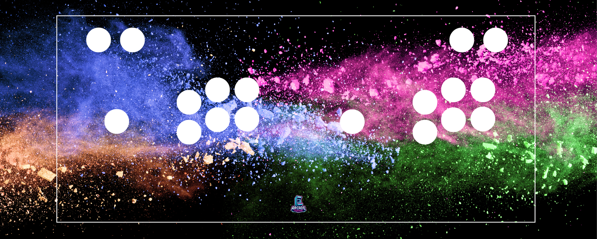 Colourburst arcade control panel overlay featuring button layout and multicolour powder burst design for custom arcade machines