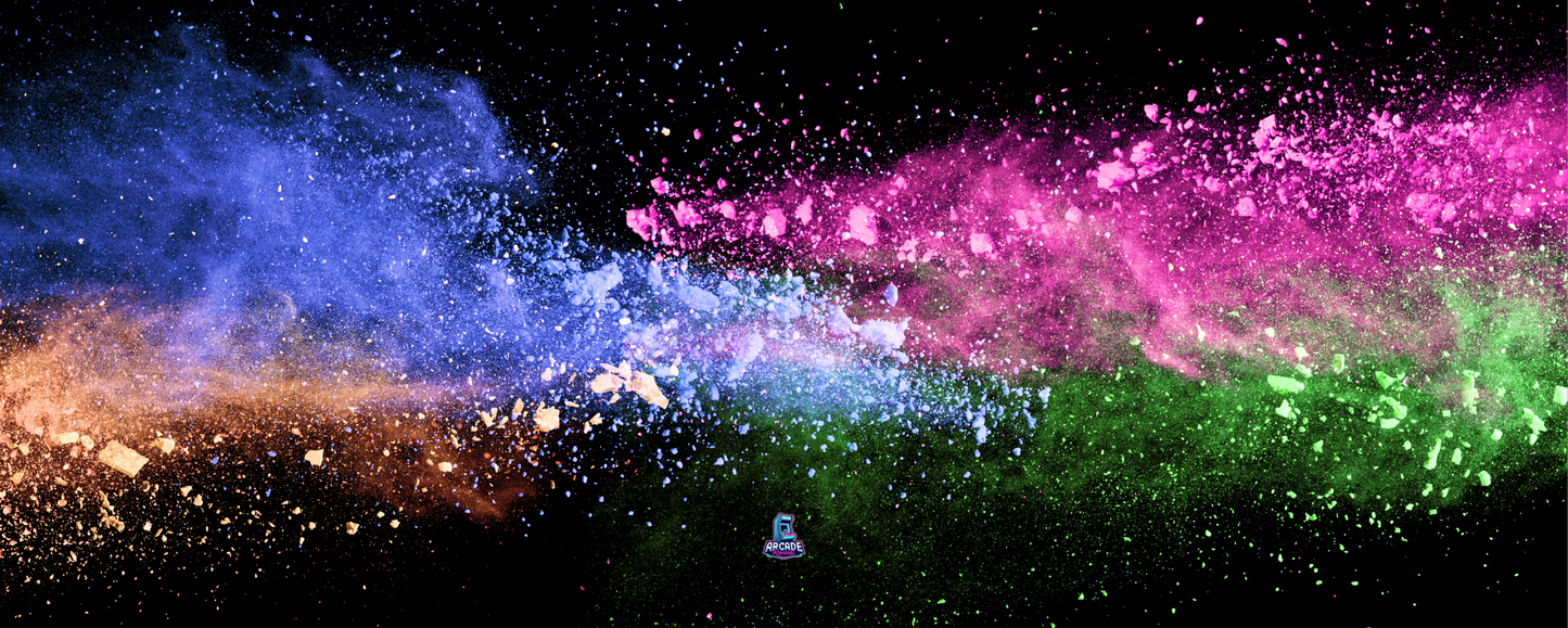 Colourburst arcade control panel artwork with vibrant colored powder explosion across a black background, designed for arcade cabinets