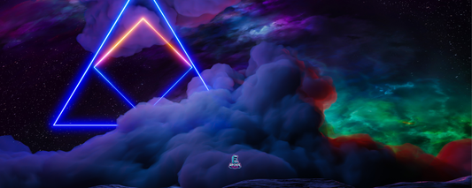 Nebula Pulse arcade control panel artwork with glowing neon triangles and colourful space cloud background, sized for arcade cabinet builds