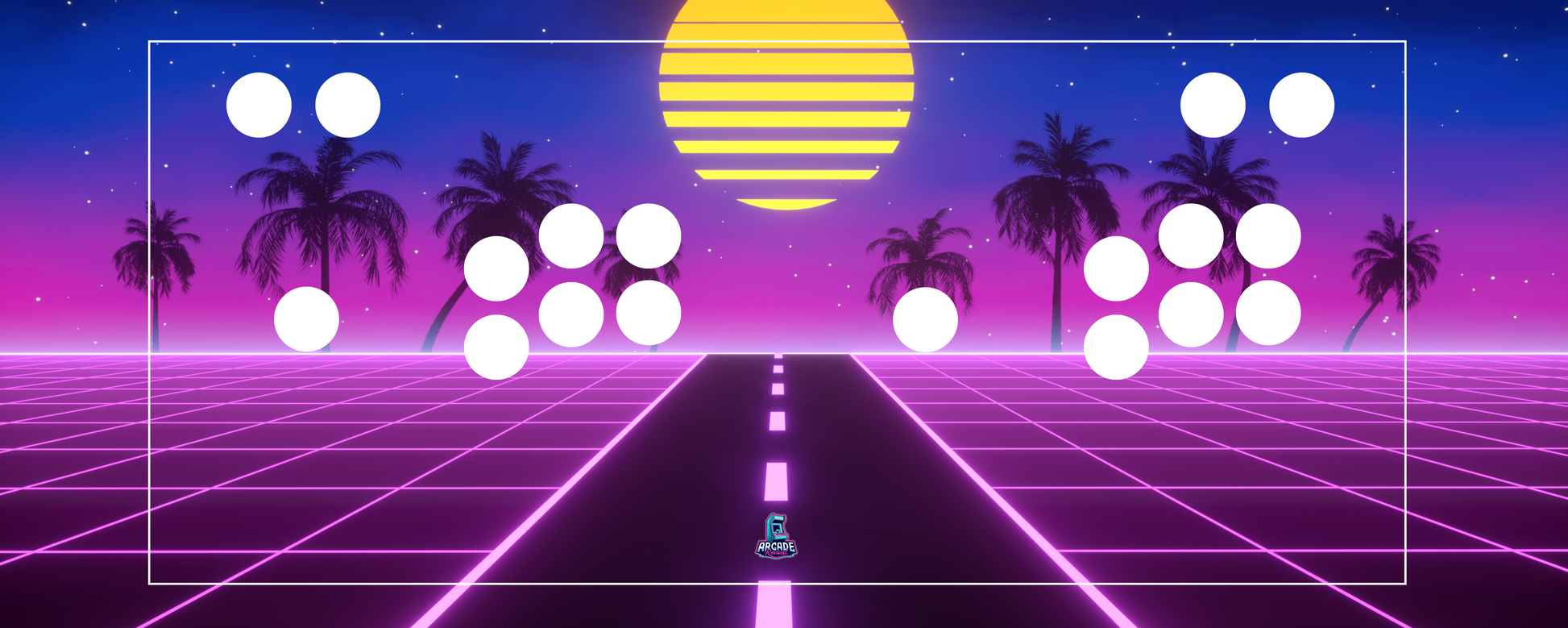 Neon Horizon arcade control panel overlay showing button layout with synthwave grid and sunset background for arcade machine builds