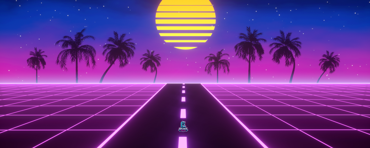 Neon Horizon arcade control panel artwork with synthwave sunset, palm trees, and neon grid design, sized for arcade cabinet wraps