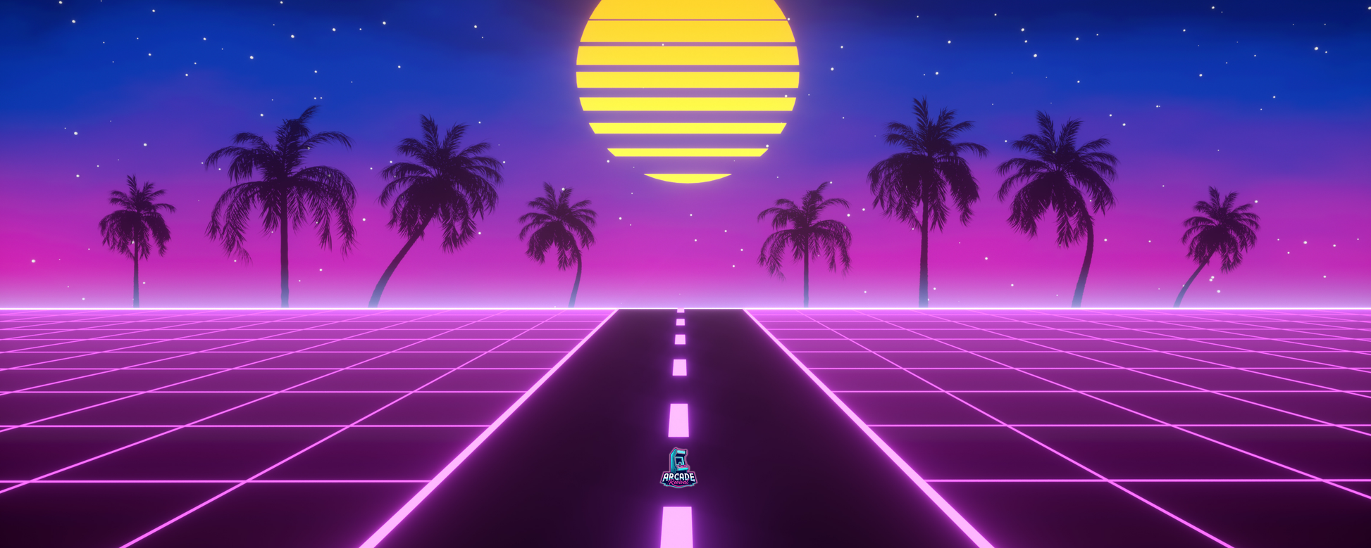 Neon Horizon arcade control panel artwork with synthwave sunset, palm trees, and neon grid design, sized for arcade cabinet wraps