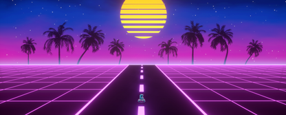 Neon Horizon arcade control panel artwork with synthwave sunset, palm trees, and neon grid design, sized for arcade cabinet wraps