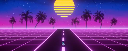 Neon Horizon arcade control panel artwork with synthwave sunset, palm trees, and neon grid design, sized for arcade cabinet wraps