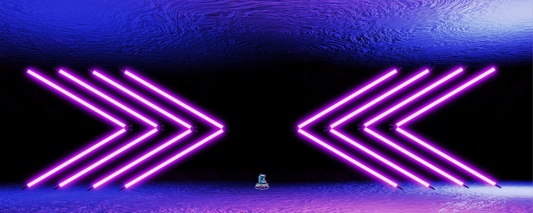 Neon Velocity arcade control panel artwork with glowing chevrons and mirrored neon light effects, designed for arcade cabinet builds