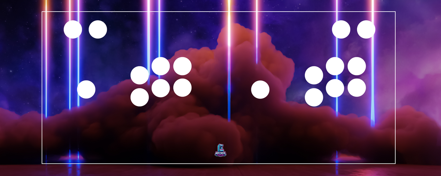 Photon Rise arcade control panel overlay with glowing vertical beams and button layout preview, designed for arcade machine setups
