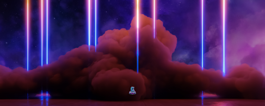 Photon Rise arcade control panel artwork featuring neon light beams and cosmic cloud background, sized for arcade cabinet builds