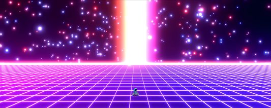 Quantum Overload arcade control panel artwork featuring a vertical white energy beam over a glowing neon grid and galactic particle field by Arcade Revival