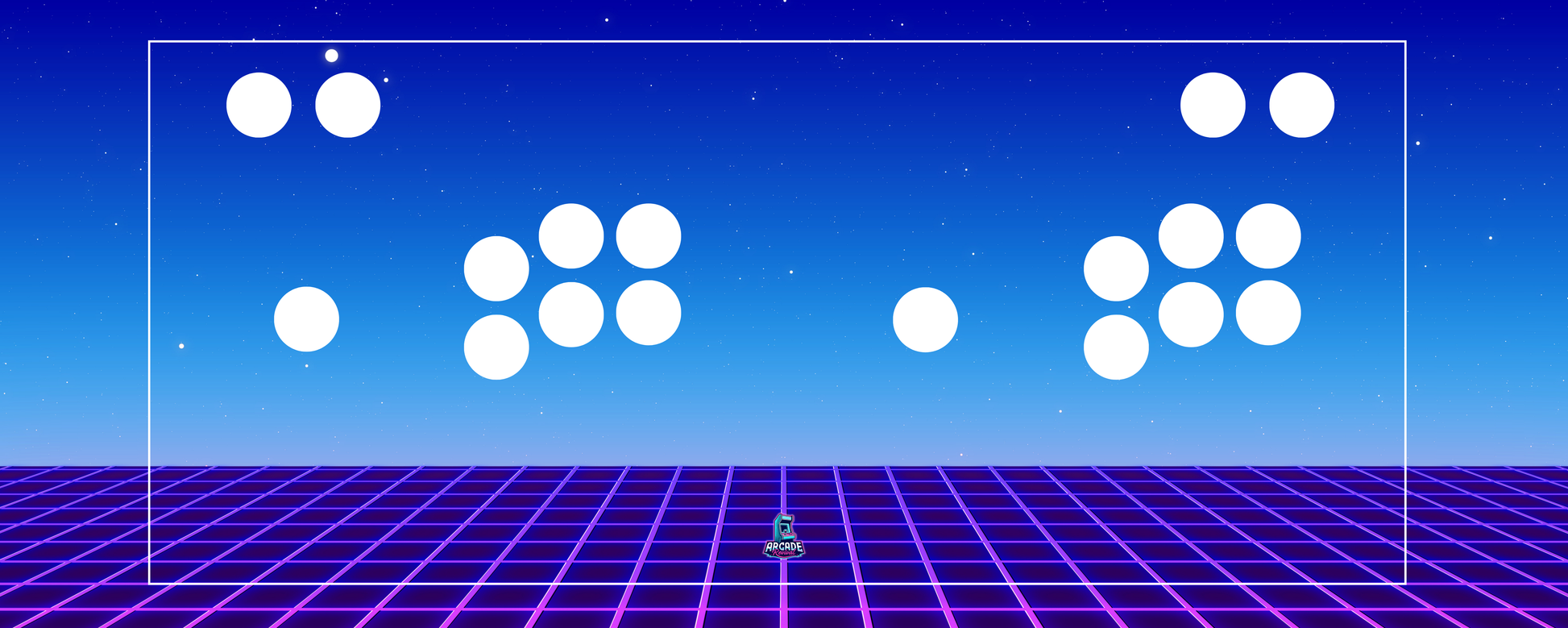 Retro Horizon arcade control panel artwork with white button layout overlay and purple neon grid beneath a starry twilight sky