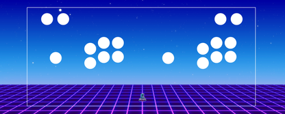 Retro Horizon arcade control panel artwork with white button layout overlay and purple neon grid beneath a starry twilight sky