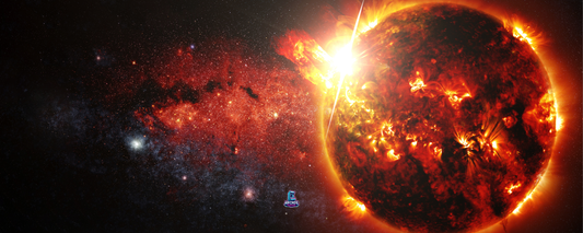 Solar Flare arcade control panel artwork featuring a massive solar explosion across a starry galaxy backdrop, designed for arcade machines