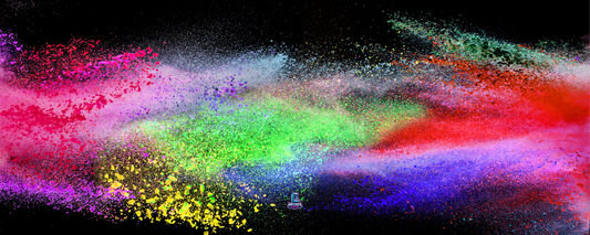 Spectrum Storm arcade control panel artwork with vibrant multicoloured powder burst across a black background, designed for arcade cabinet wraps