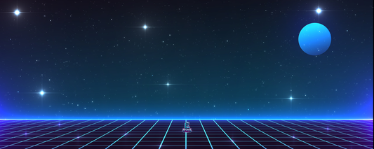Starcade arcade control panel artwork by Arcade Revival featuring cosmic grid, stars, and glowing blue planet in a retro-futuristic style