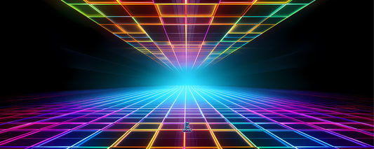 Synth Surge arcade control panel artwork featuring a neon rainbow grid tunnel with glowing retro-futuristic perspective