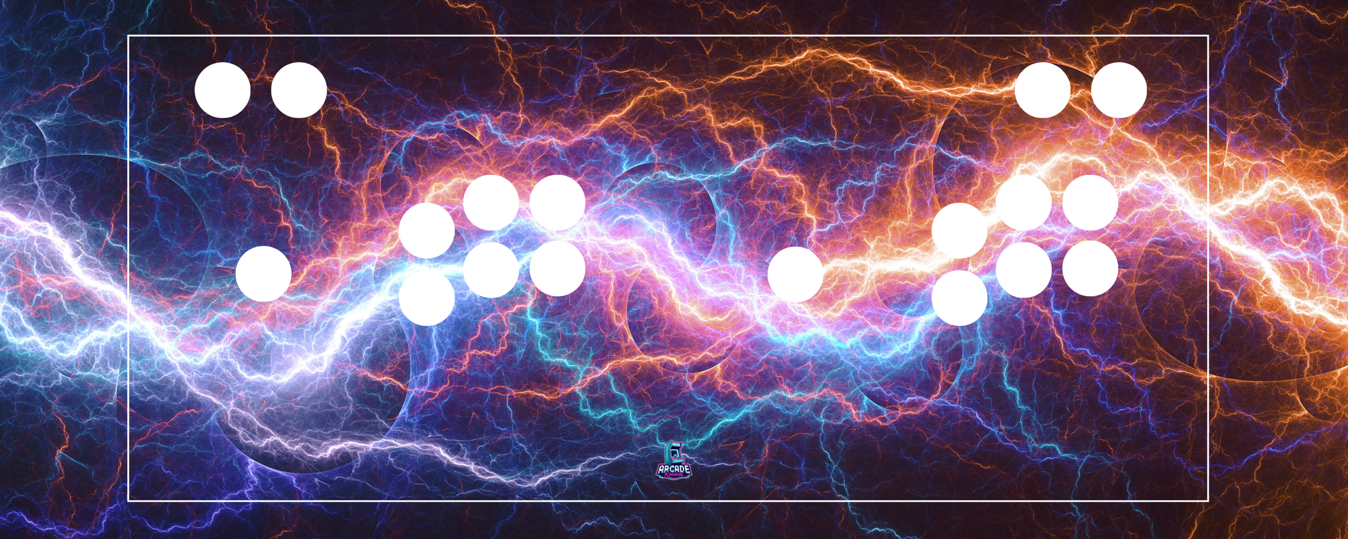Voltage Storm arcade control panel design with button layout overlay, showcasing a vibrant electric background for arcade cabinet builds