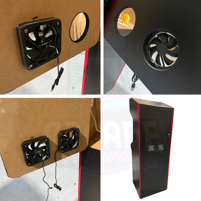 Alt text: Step-by-step installation of USB cooling fans on the back panel of an arcade machine