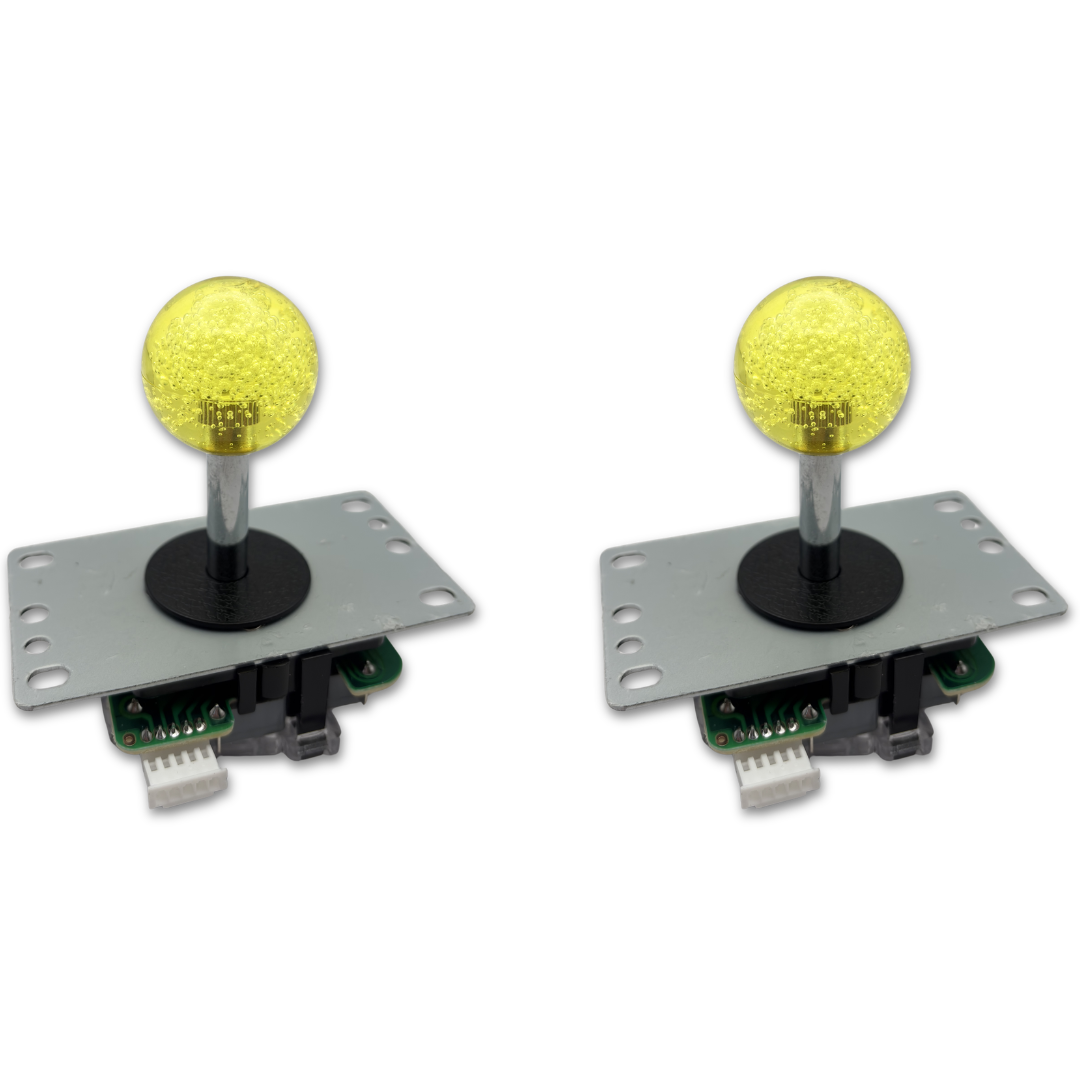 Yellow crystal ball top arcade joystick – 2 unit view – 4/8-Way Adjustable – Arcade Revival