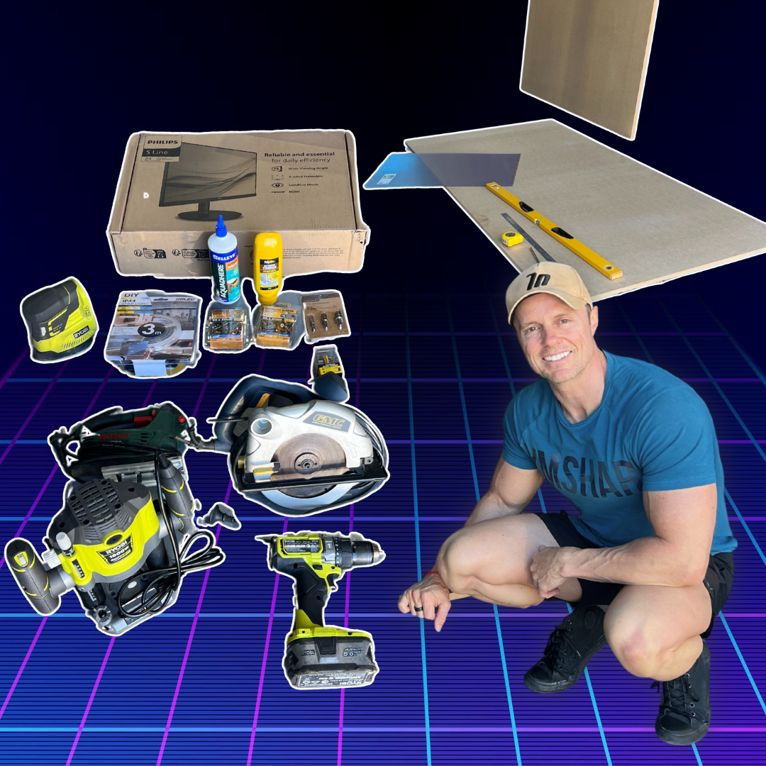 Tools and materials laid out for building a DIY arcade machine, including power tools, drill bits, panels, and other essentials featured in the Arcade Revival guide.