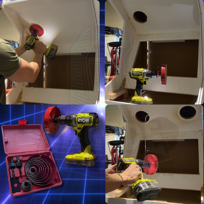 Drilling ventilation holes in an arcade cabinet using a hole saw with a Ryobi drill – step-by-step image collage showing hole saw process for arcade machine builds