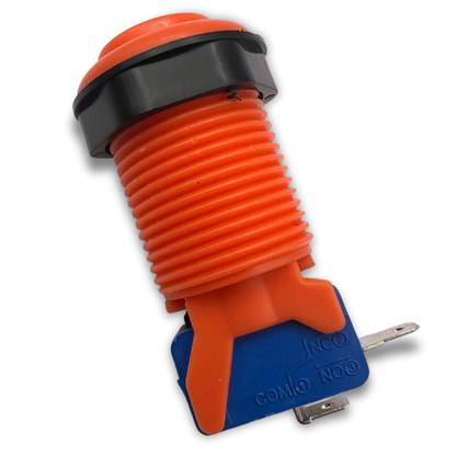 Rear view showing orange arcade button with blue micro switch