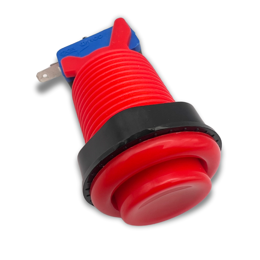 Red arcade push button with side view showing threaded body and micro switch