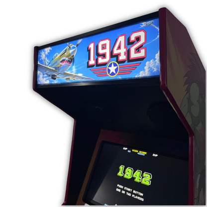 Close up angle view of 1942 Modern Air Combat marquee mounted on a DIY arcade cabinet with 1942 title screen visible below.