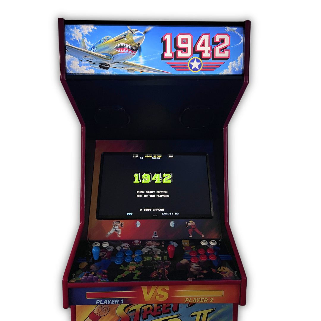 1942 Modern Air Combat marquee installed on a DIY arcade cabinet showing full front view with 1942 title screen on display.