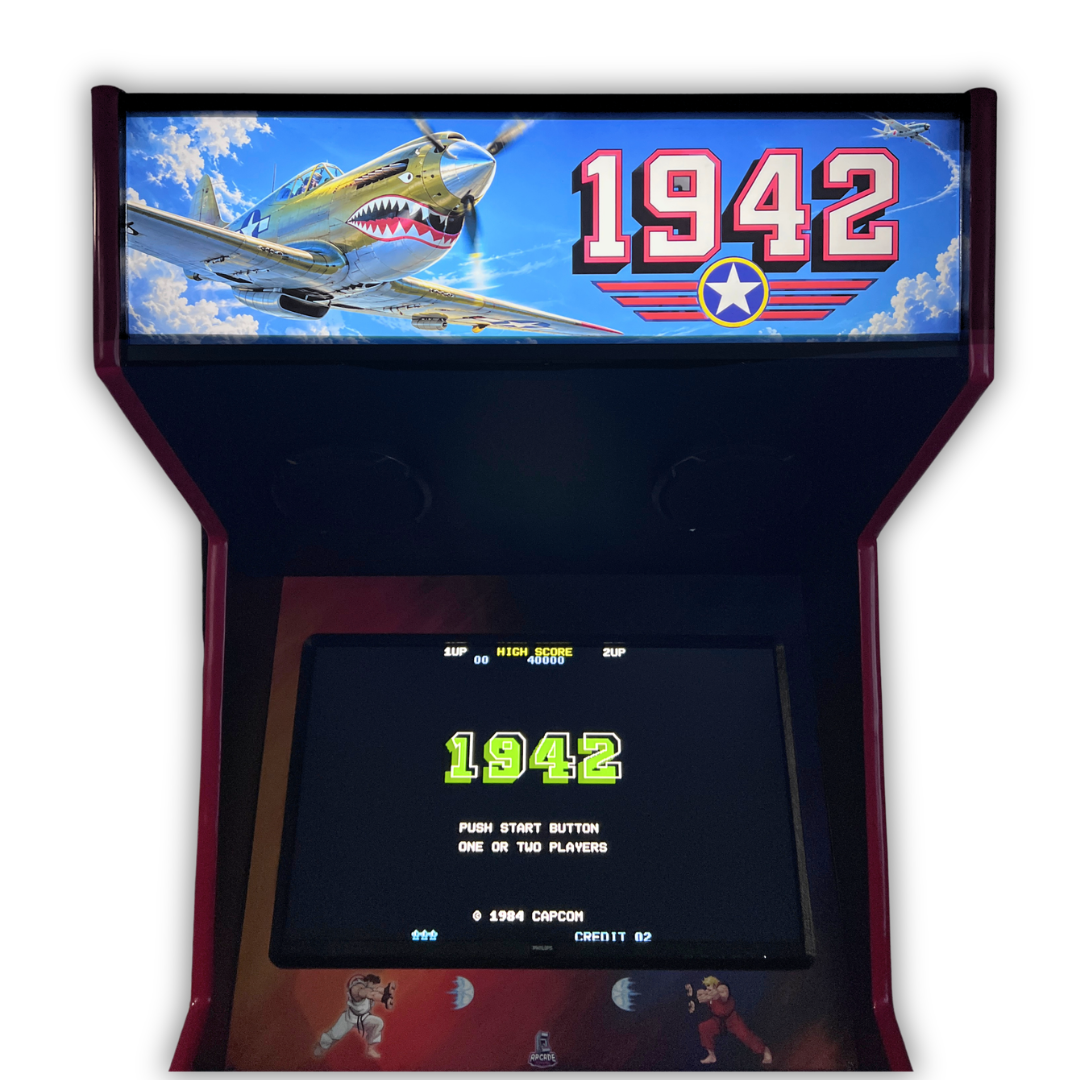 1942 Modern Air Combat marquee lit up on a DIY arcade cabinet front view with 1942 title screen visible below.