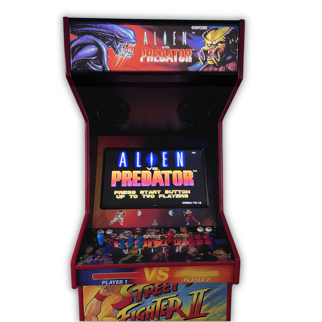 Alien vs. Predator arcade marquee installed on a DIY arcade cabinet showing full front view with Alien vs. Predator title screen on display.