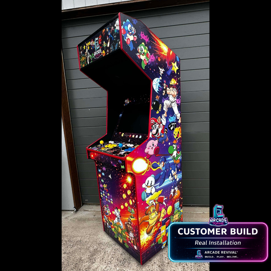 Angled installation view of Arcade Revival All Stars arcade cabinet wrap showcasing full side panel artwork and front panel design.