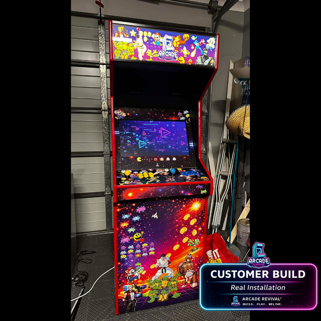 Arcade Revival All Stars wrap customer build with screen powered on, showing full installed arcade cabinet inside a home garage setup.