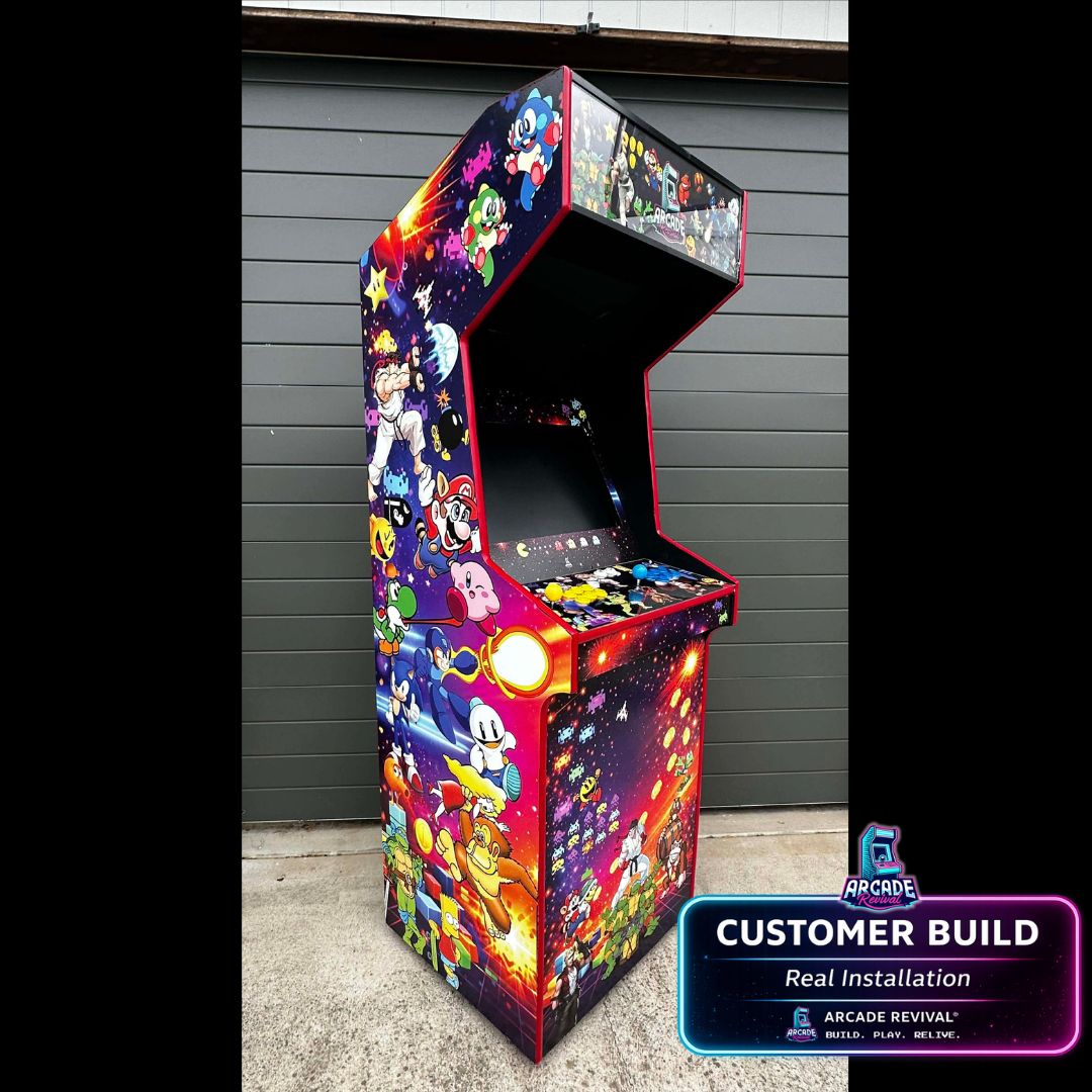 Side angle view of customer arcade cabinet featuring the Arcade Revival All Stars wrap with vibrant retro gaming artwork.