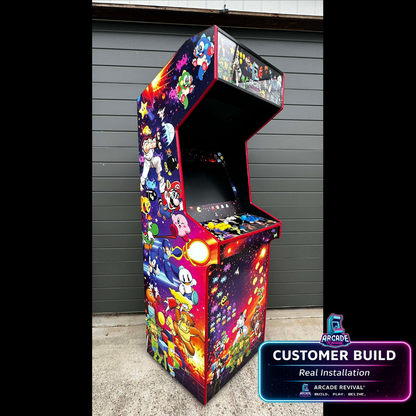 Side angle view of customer arcade cabinet featuring the Arcade Revival All Stars wrap with vibrant retro gaming artwork.