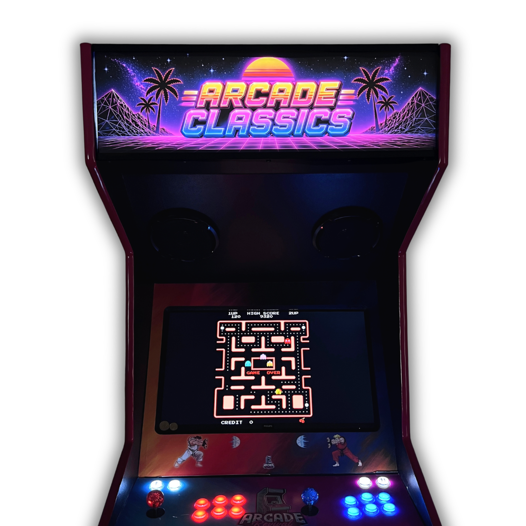 Arcade Classics Neon Horizon arcade marquee lit up on a DIY arcade cabinet front view showing the retro sunset, palm trees and neon grid with classic maze game gameplay visible.