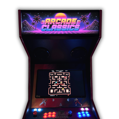 Arcade Classics Neon Horizon arcade marquee lit up on a DIY arcade cabinet front view showing the retro sunset, palm trees and neon grid with classic maze game gameplay visible.