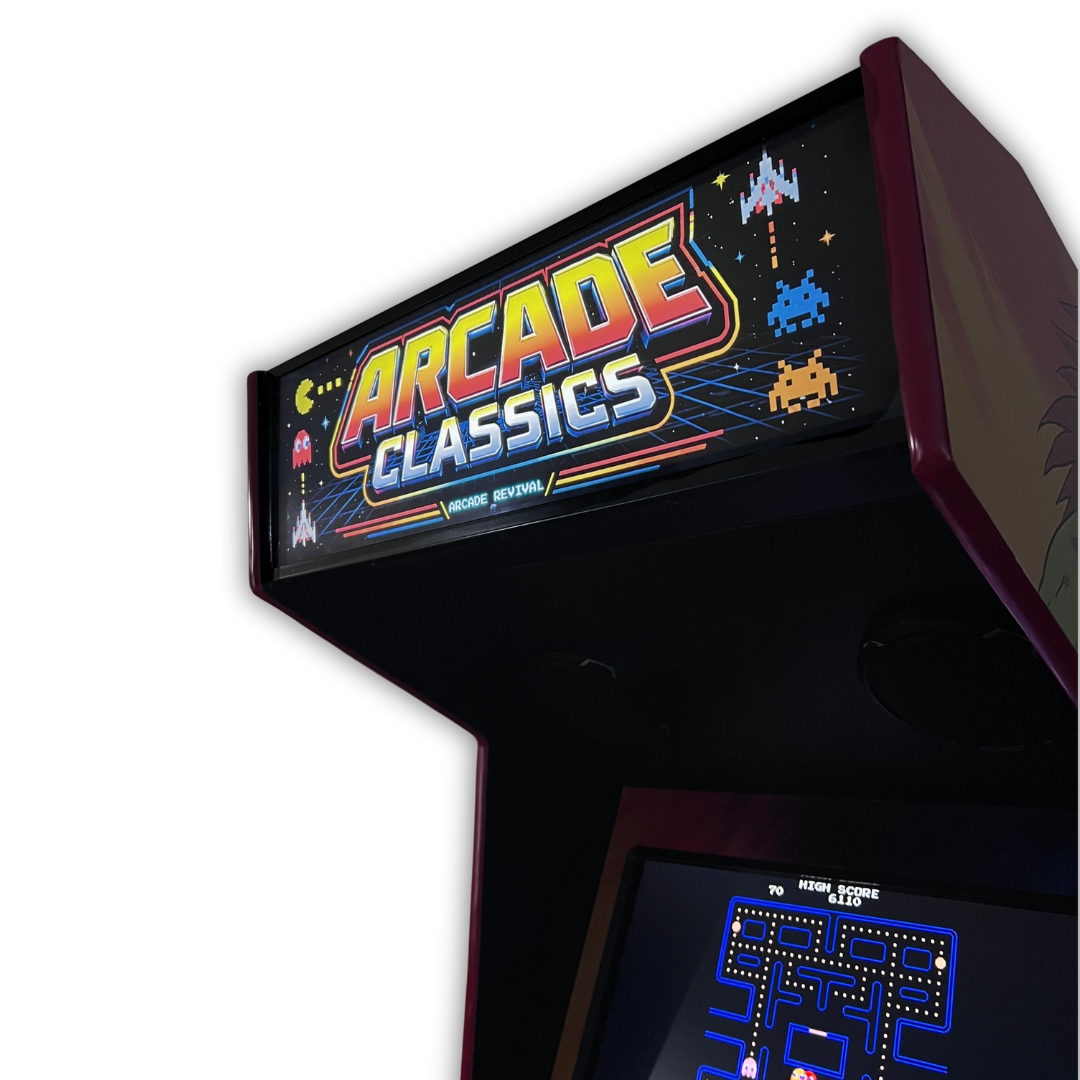 Close up angle view of Arcade Classics Pixel Edition marquee mounted on a DIY arcade cabinet with Pac-Man gameplay screen visible below.