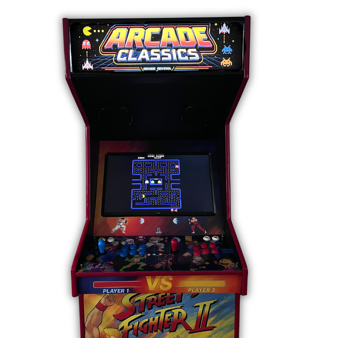 Arcade Classics Pixel Edition marquee installed on a DIY arcade cabinet showing full front view with Pac-Man gameplay on screen.