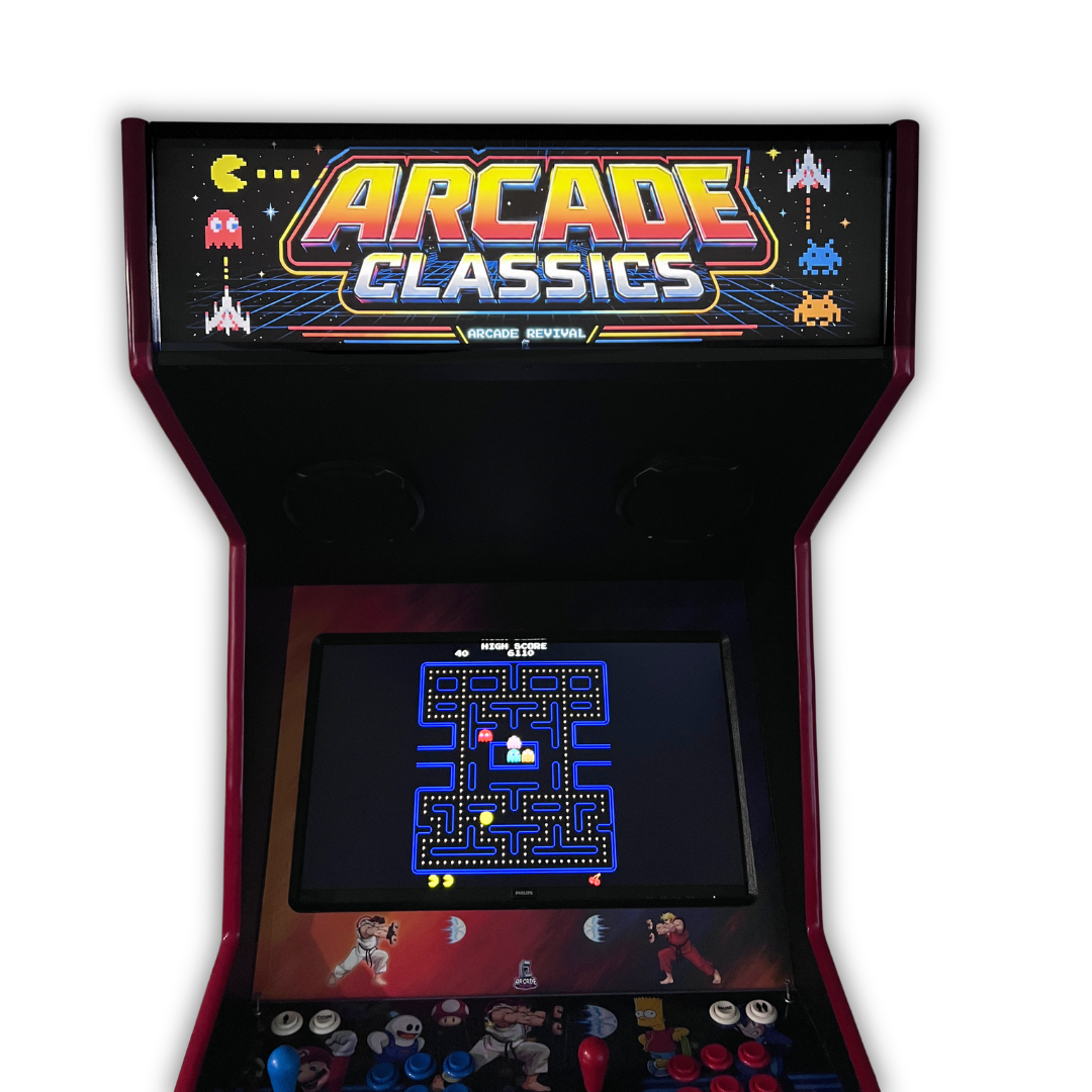 Arcade Classics Pixel Edition marquee lit up on a DIY arcade cabinet front view with Pac-Man gameplay visible on screen below.
