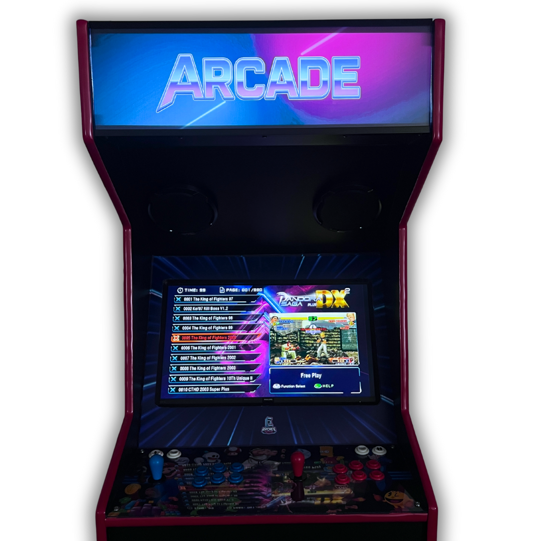 Arcade Pulse marquee installed on Arcade Revival cabinet, glowing neon blue and pink with Pandora Saga game menu on screen.